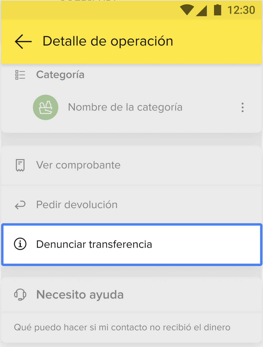 Detalle que muestra el botón específico donde se puede denunciar una transferencia